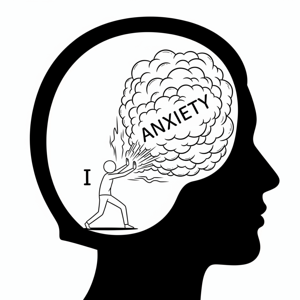 Image showing a Before picture of a person inside their own head, physically struggling to push back a giant, stormy cloud labeled ANXIETY.