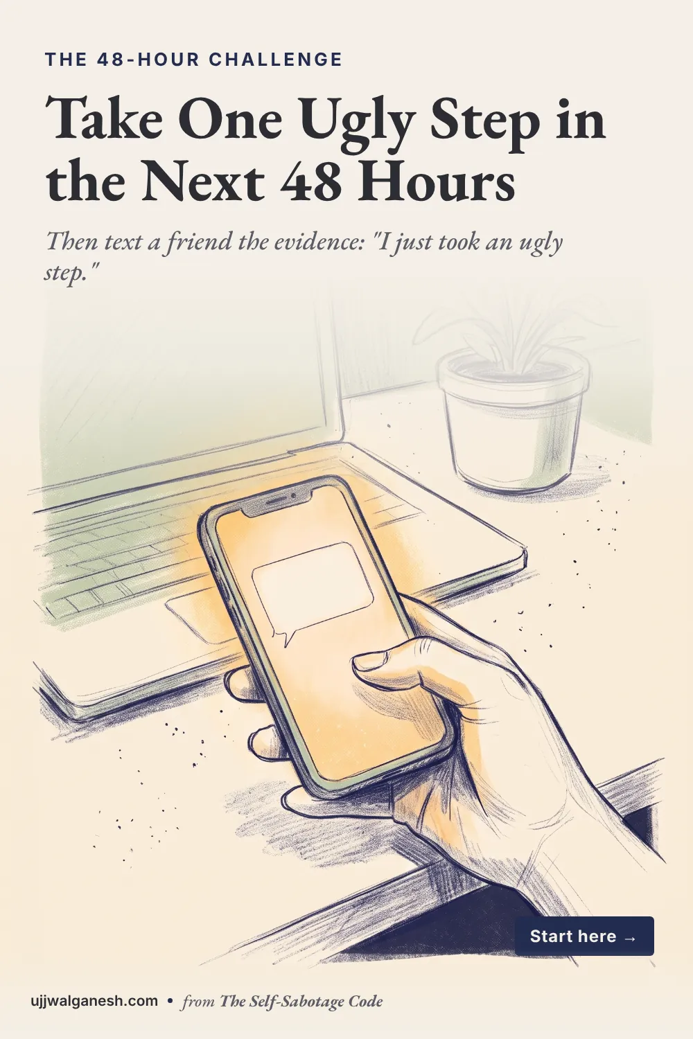Illustration of a hand holding a phone with a blank message bubble, about to send a message, beside a laptop and a potted plant. The 48-hour challenge.