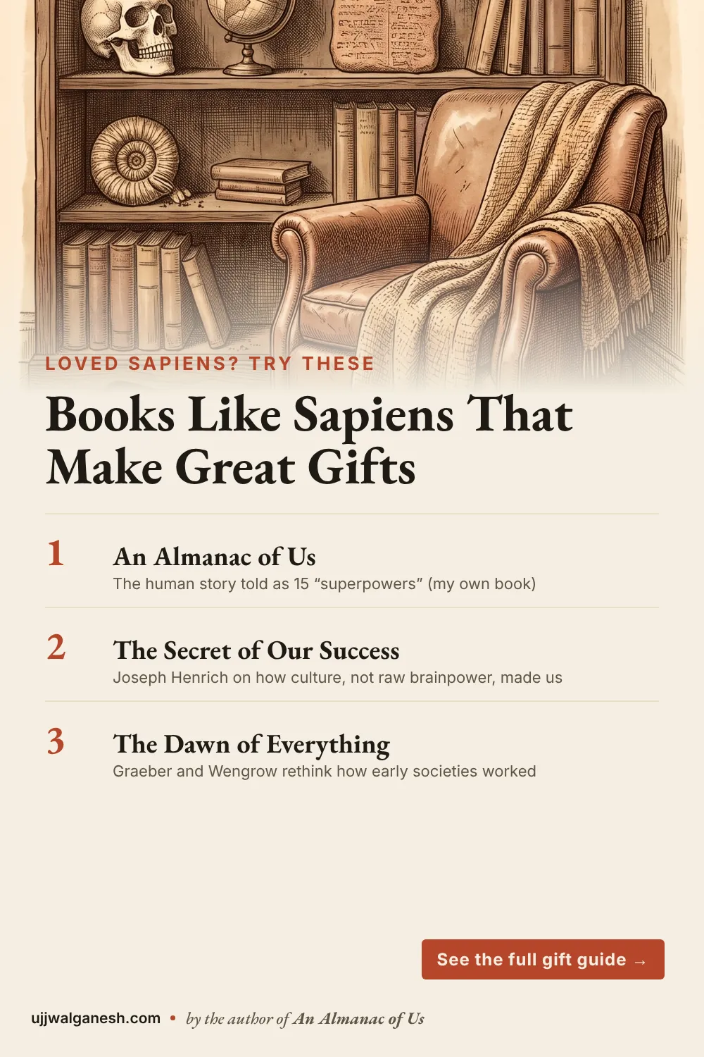 Pin listing three books like Sapiens over an engraving of a bookcase with a skull cast, a globe, a clay tablet and a fossil: An Almanac of Us, The Secret of Our Success and The Dawn of Everything.