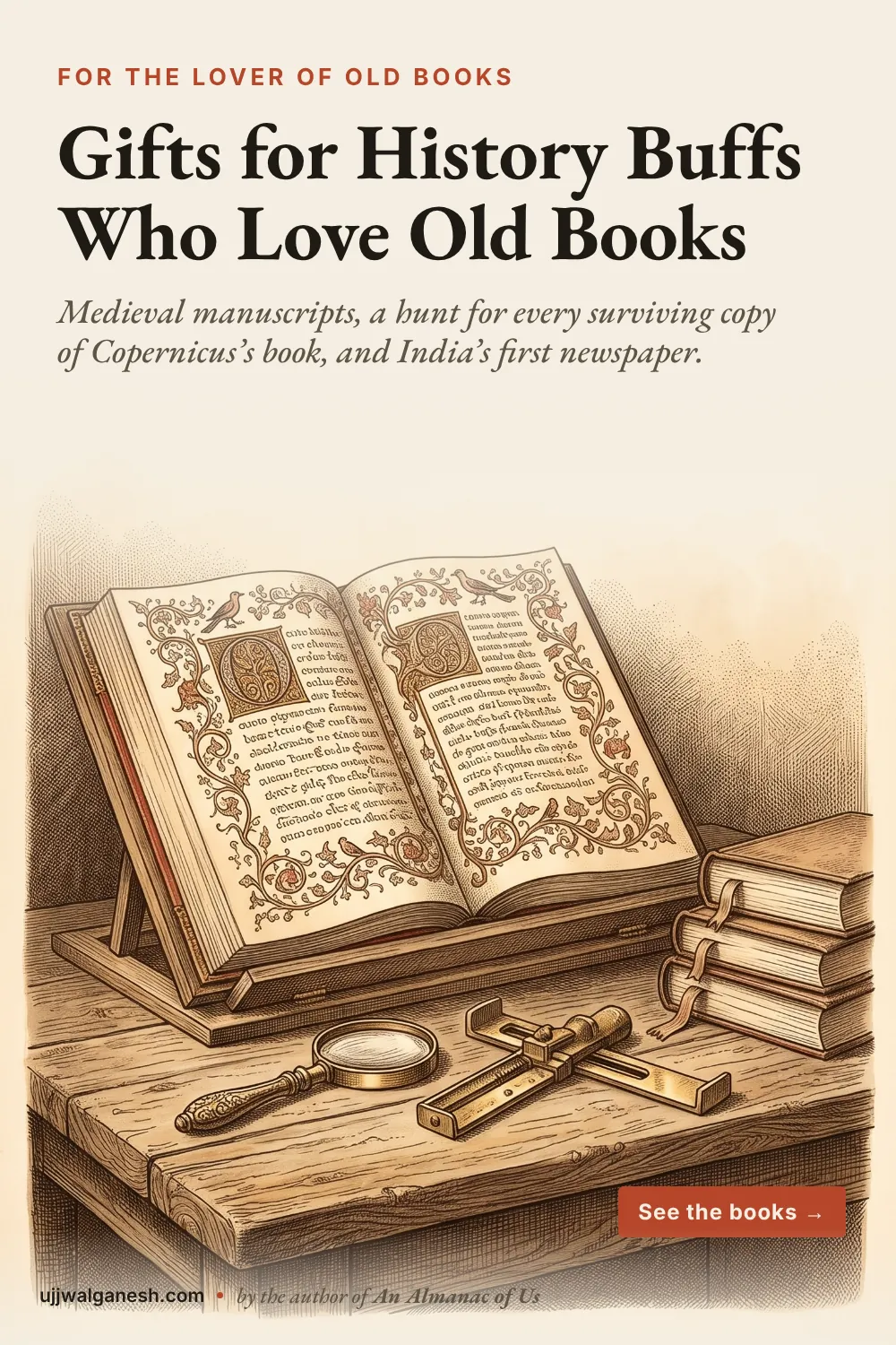Engraving of an open illuminated medieval manuscript on a wooden reading stand with a magnifying glass, a brass composing stick and antique books. Gifts for history buffs who love old books.