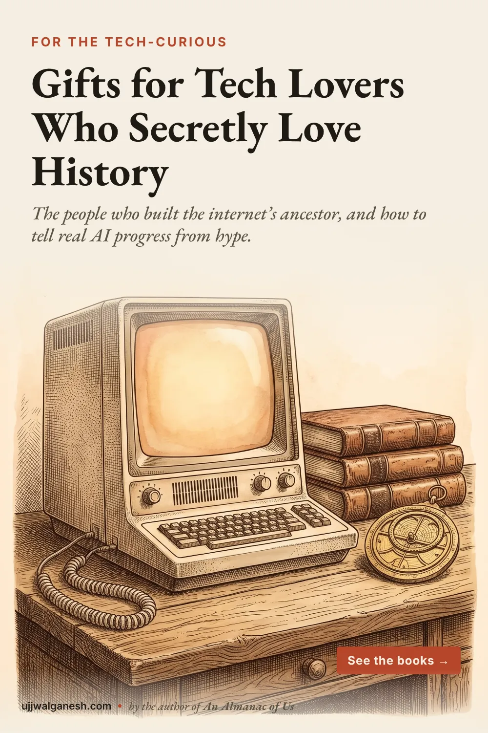 Engraving-style illustration of a vintage computer terminal with a glowing amber screen on a wooden desk beside leather-bound books and a brass astrolabe. Gifts for tech lovers who love history.