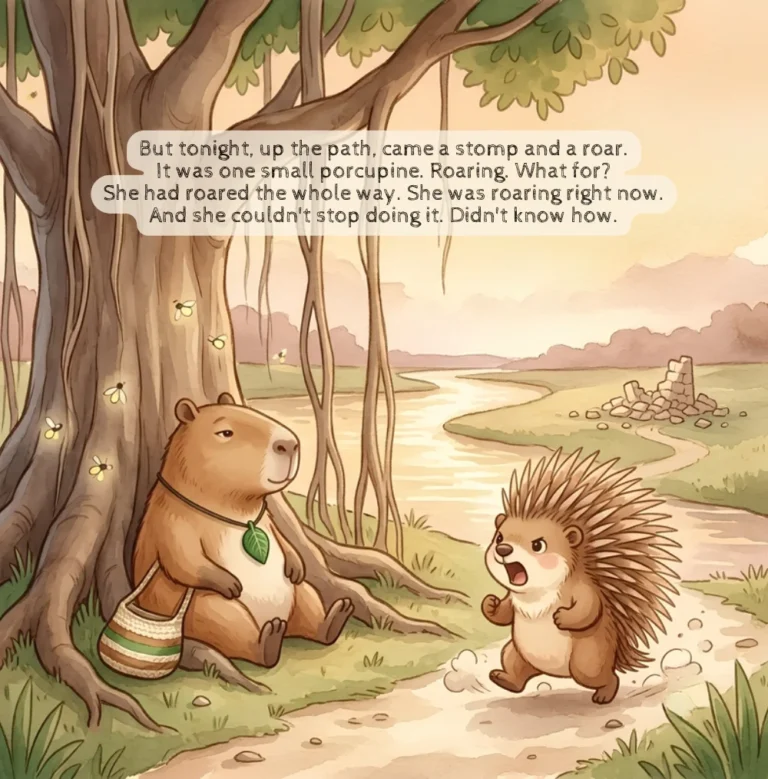 Page from Loud & Clear: a small porcupine stomps up the path, roaring