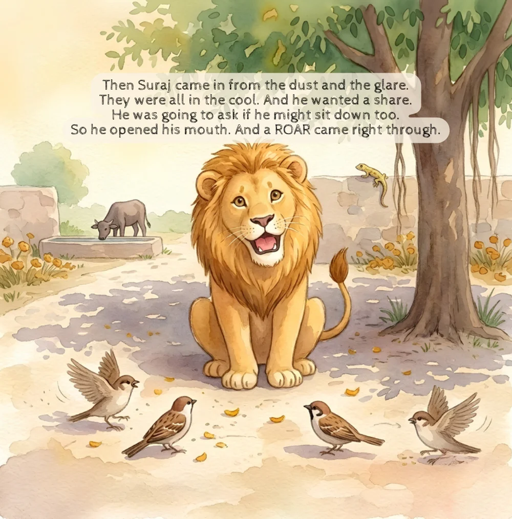 Page from Loud & Clear: Suraj the lion opens his mouth to ask and a roar comes out
