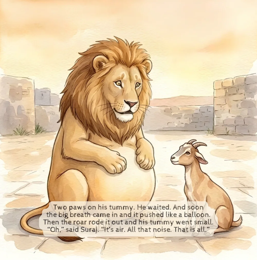 Page from Loud & Clear: Suraj puts two paws on his tummy and feels the big breath