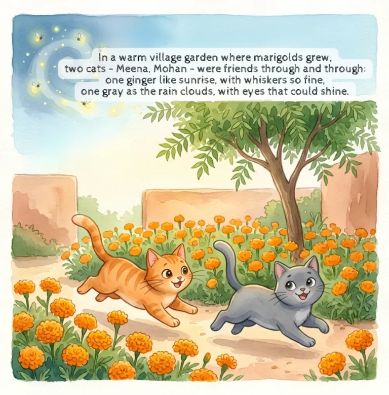 Page from Mine & Ours: Meena and Mohan, two cat friends, in a village garden
