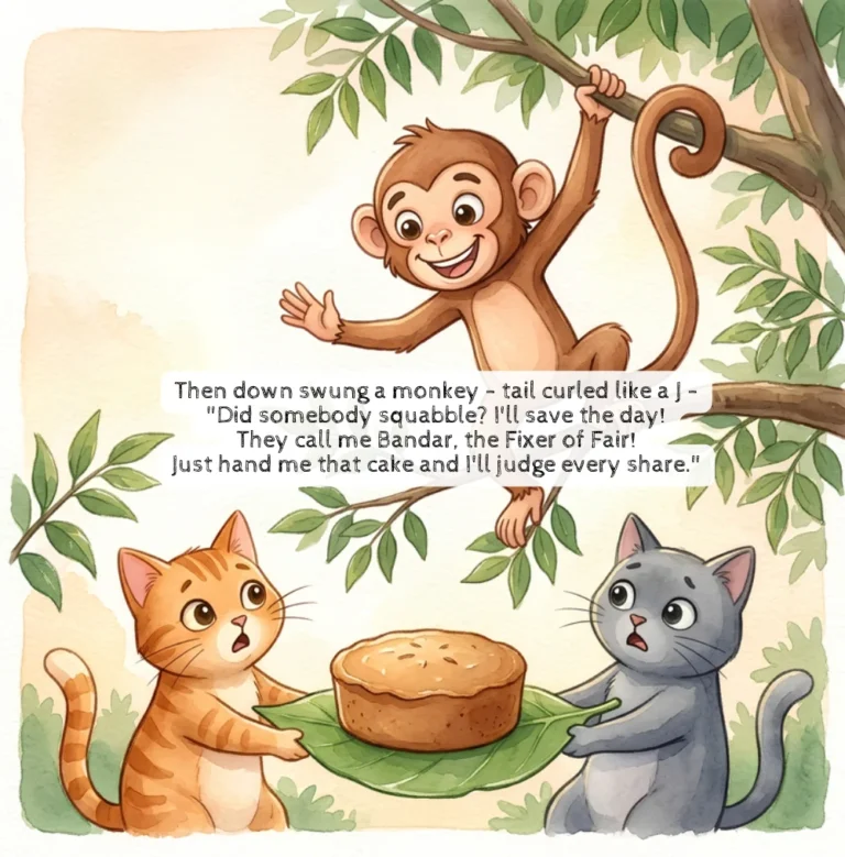 Page from Mine & Ours: Bandar the monkey swings down to judge the cake