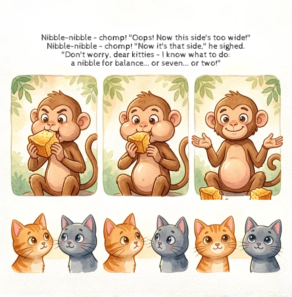 Page from Mine & Ours: Bandar the monkey nibbles the cake smaller and smaller