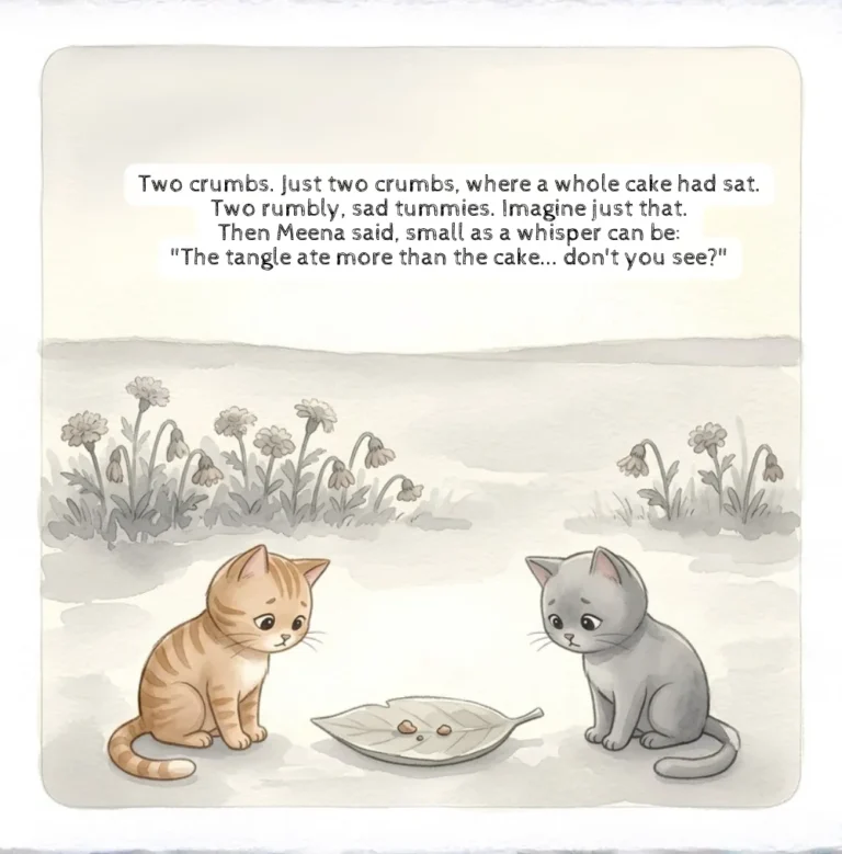 Page from Mine & Ours: two crumbs are all that is left of the cake