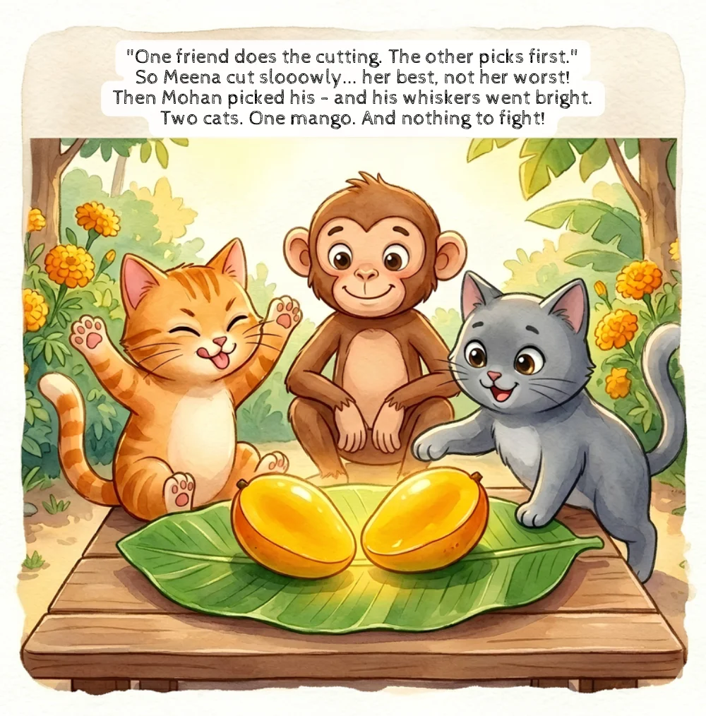 Page from Mine & Ours: one cat cuts the mango and the other picks first