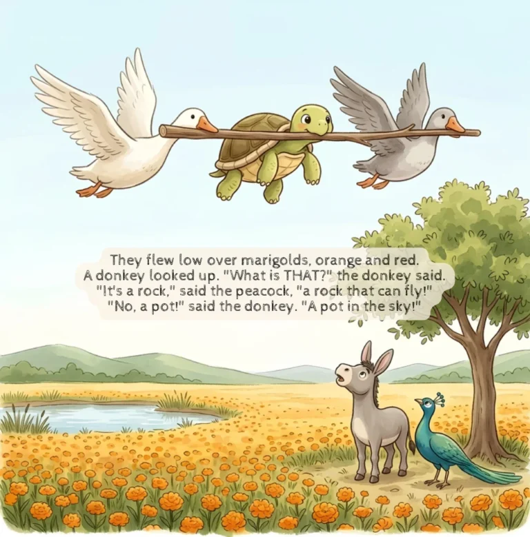 Page from Pause & Ponder: two geese carry Achal on a stick over the marigolds