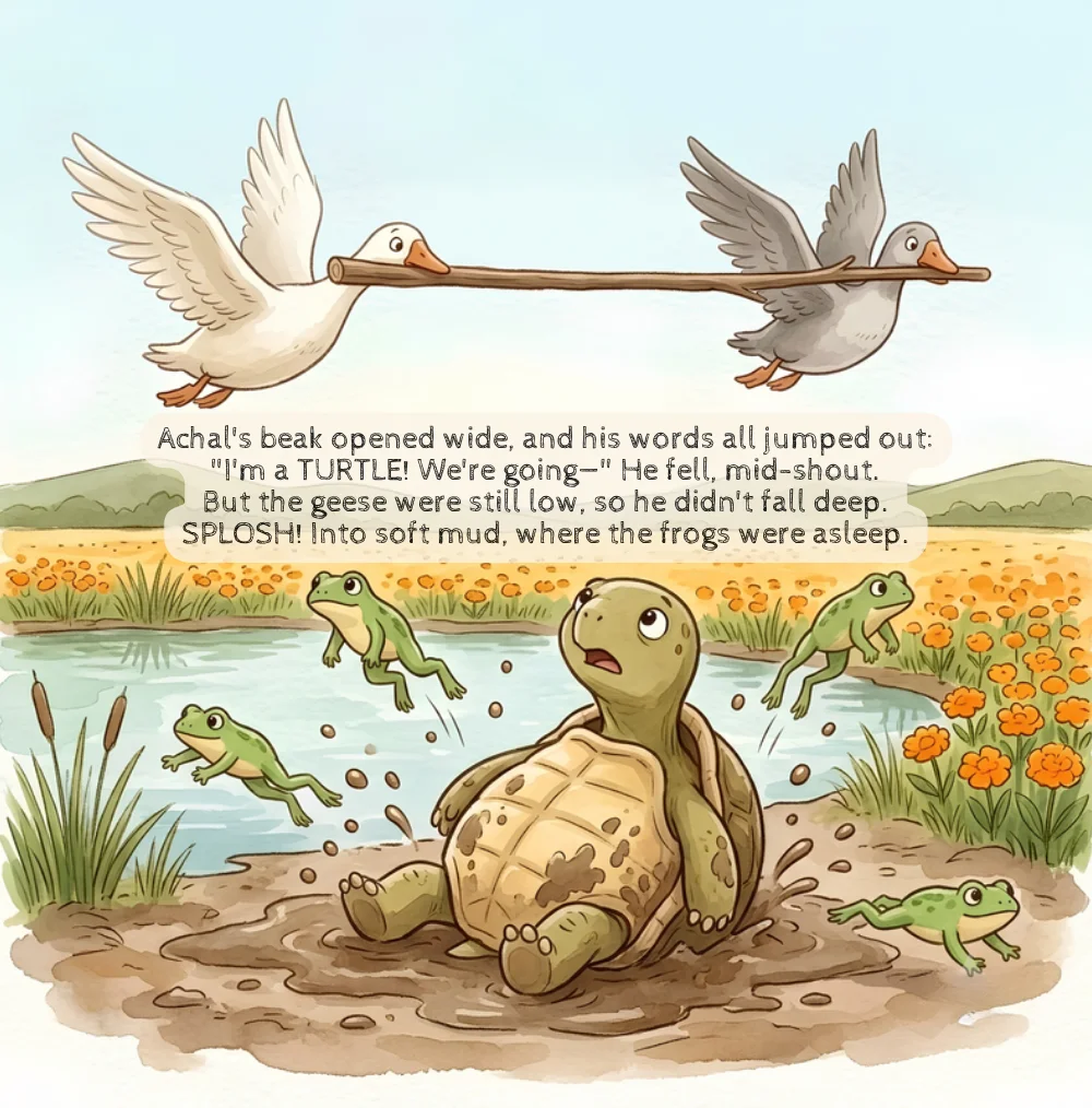 Page from Pause & Ponder: Achal the turtle opens his beak to talk and falls mid-shout