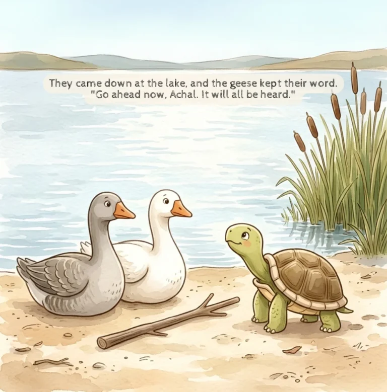 Page from Pause & Ponder: the geese land at the lake and invite Achal to talk