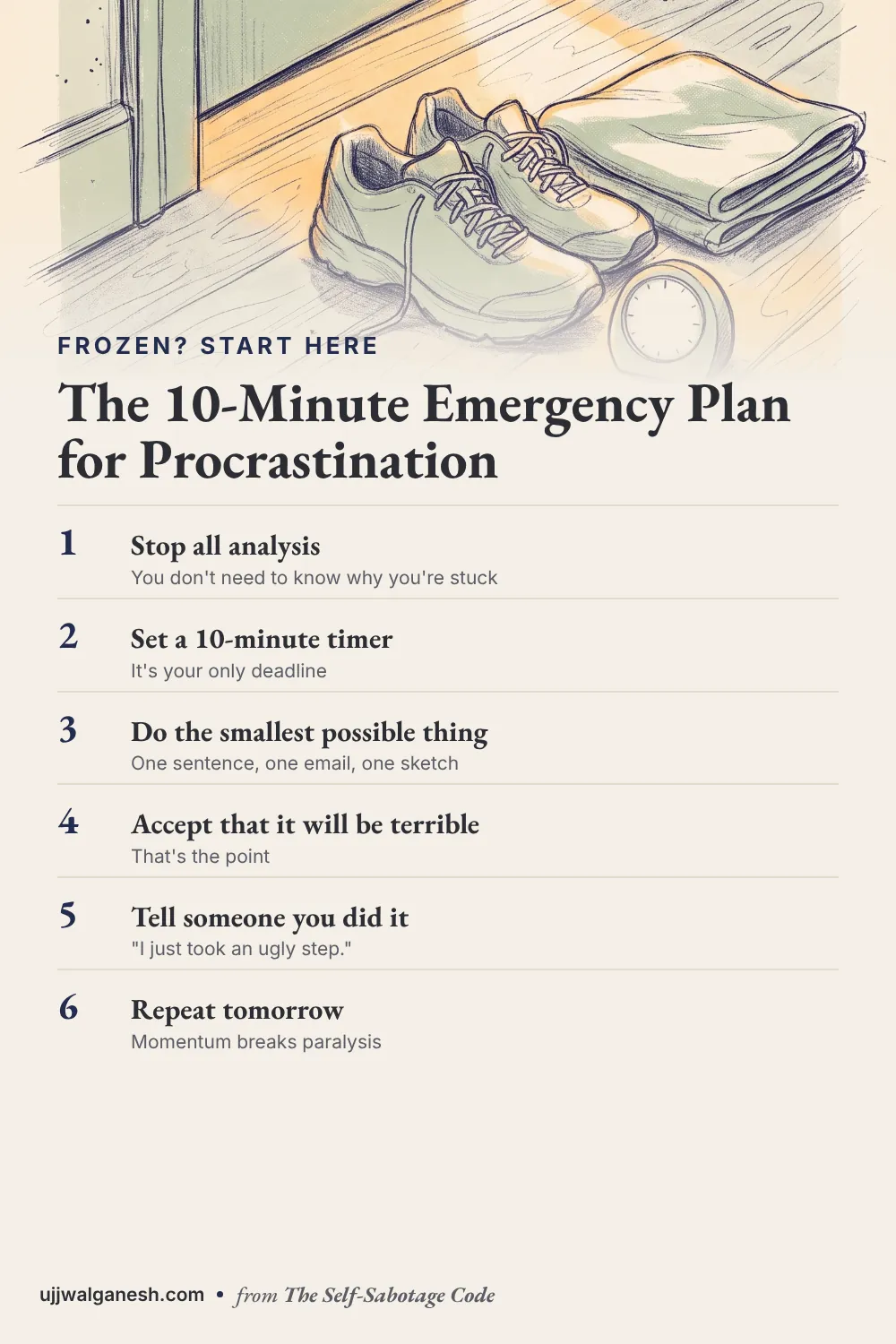Checklist pin with six steps for beating procrastination in 10 minutes, under an illustration of a kitchen timer next to running shoes by a front door.