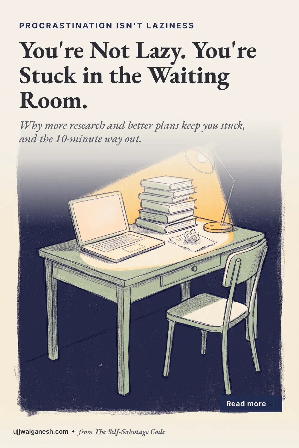 Pencil and risograph illustration of an empty desk at night with a glowing laptop, a tall stack of unopened books, a crumpled page and a desk lamp.