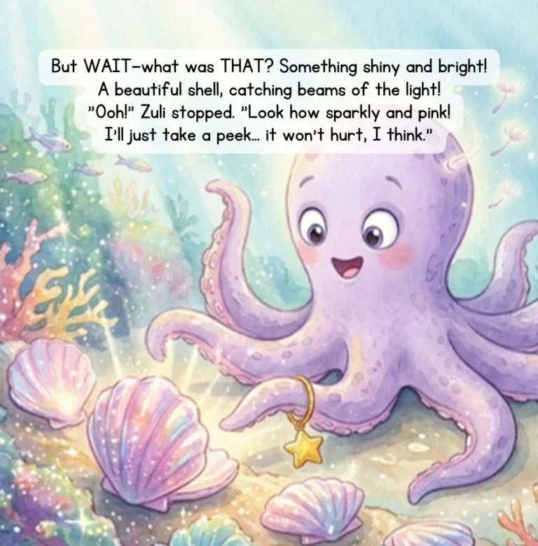 Page from Remember & Grow: a sparkly pink shell distracts Zuli