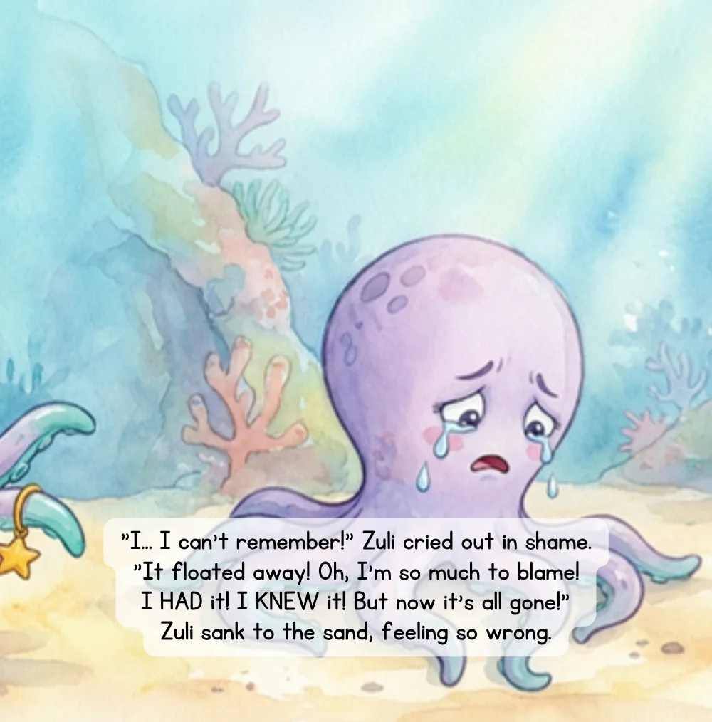 Page from Remember & Grow: Zuli can’t remember the message and sinks to the sand