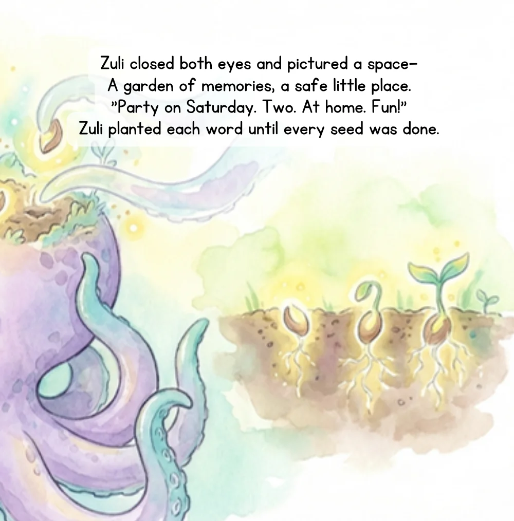 Page from Remember & Grow: Zuli pictures a garden of memories and plants the message