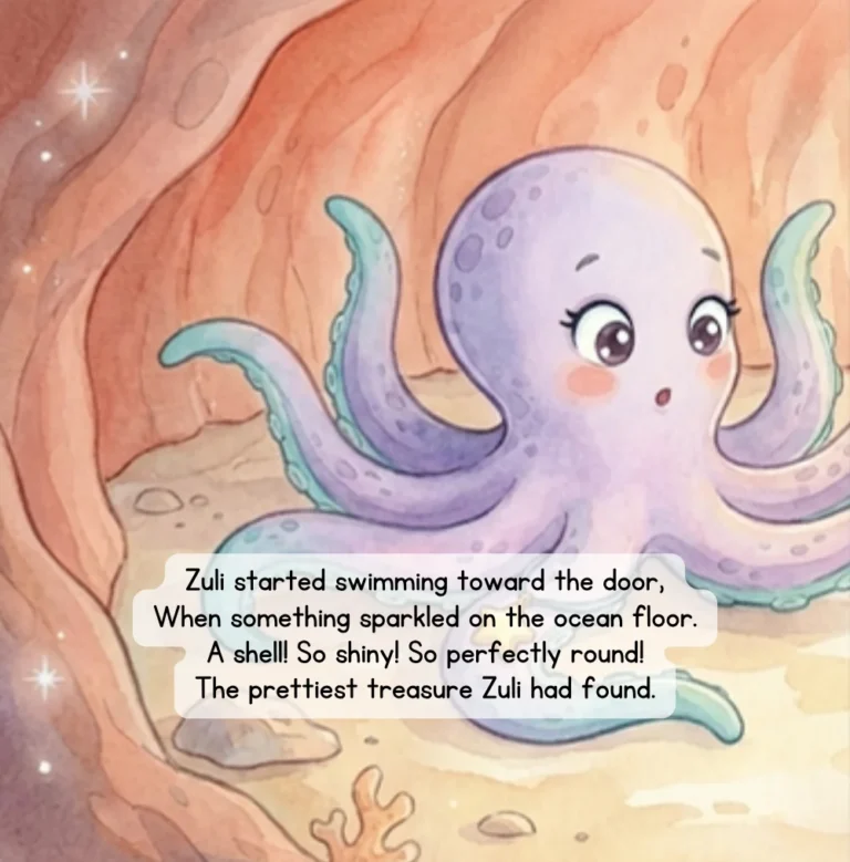 Page from Sparkle & Shine: a shiny shell catches Zuli’s eye on the ocean floor