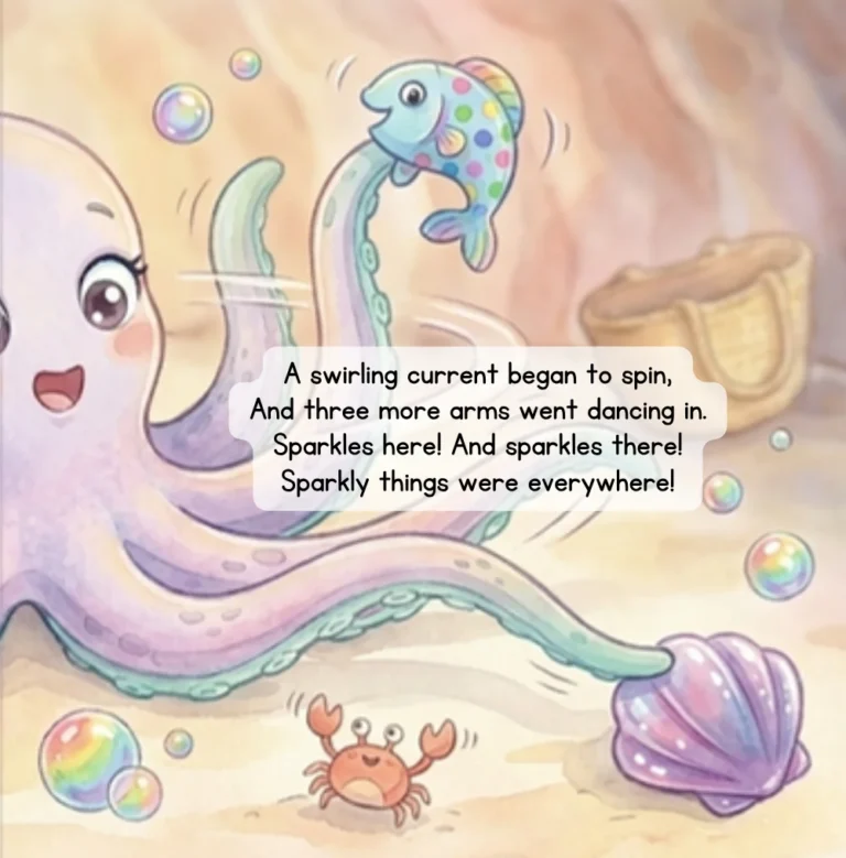 Page from Sparkle & Shine: sparkles everywhere pull Zuli in every direction