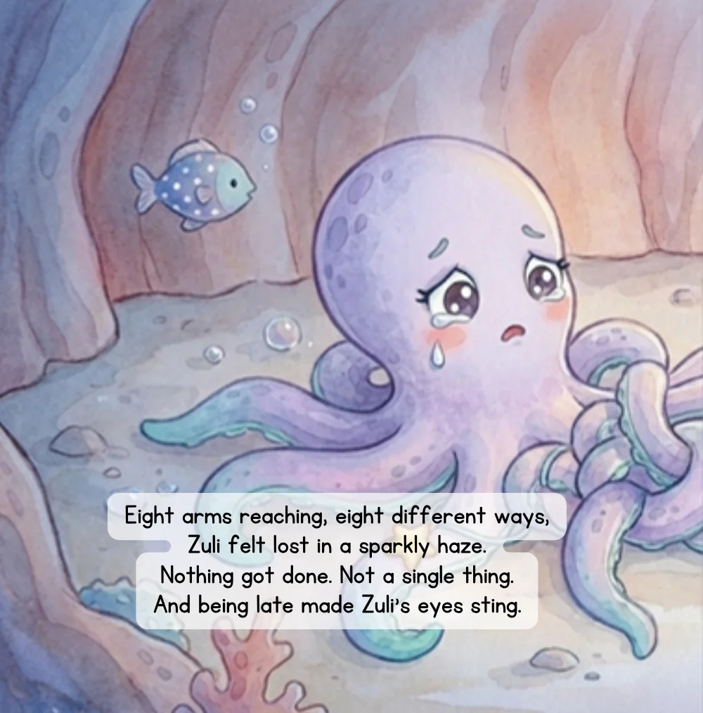 Page from Sparkle & Shine: Zuli’s eight arms reach in eight directions at once