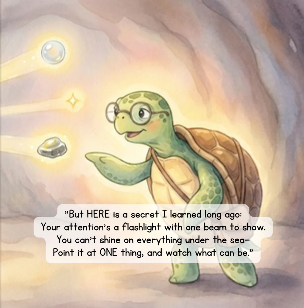 Page from Sparkle & Shine: Shelly the turtle explains that attention is like a flashlight