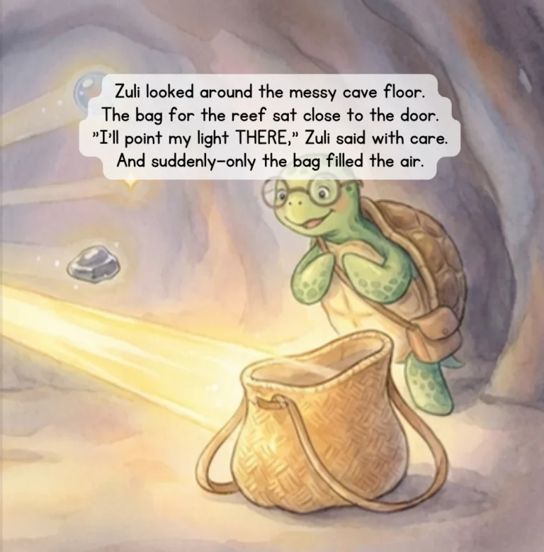 Page from Sparkle & Shine: Zuli points the flashlight at one thing: the bag by the door