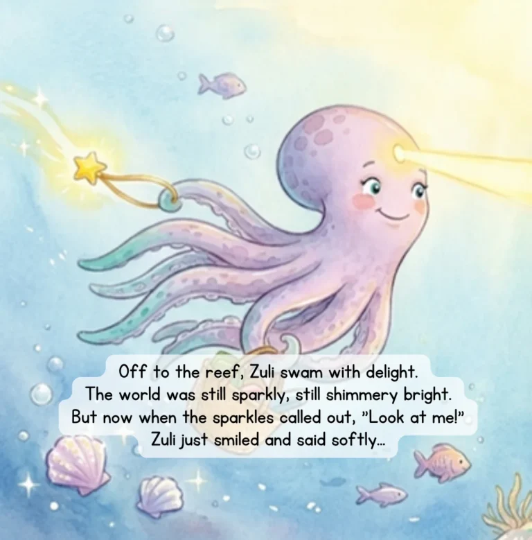 Page from Sparkle & Shine: Zuli swims off to the reef, smiling