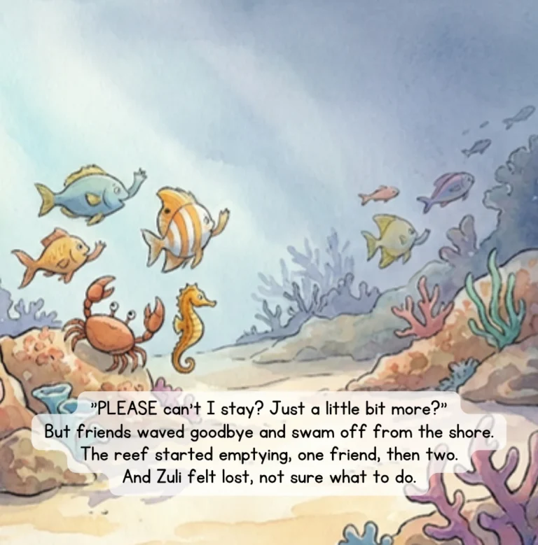 Page from Switch & Settle: friends swim away as the reef empties