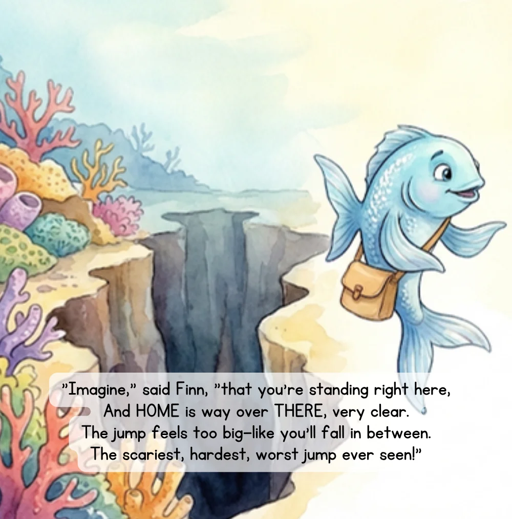 Page from Switch & Settle: Finn the fish shows Zuli how big the jump between here and home can feel