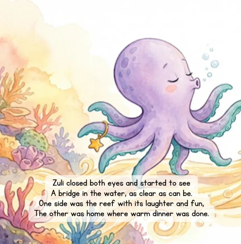 Page from Switch & Settle: Zuli closes both eyes and pictures a bridge in the water