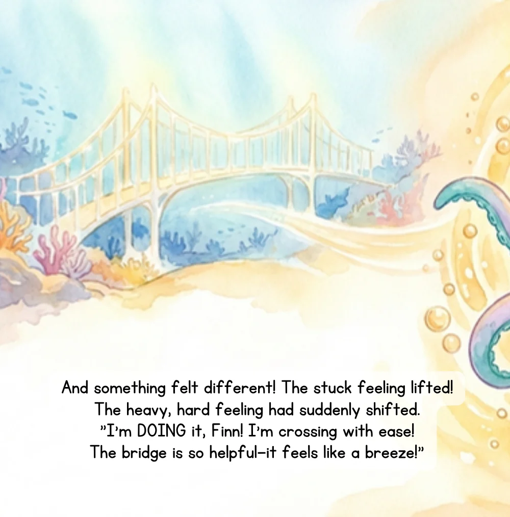 Page from Switch & Settle: a bridge appears across the water as the stuck feeling lifts