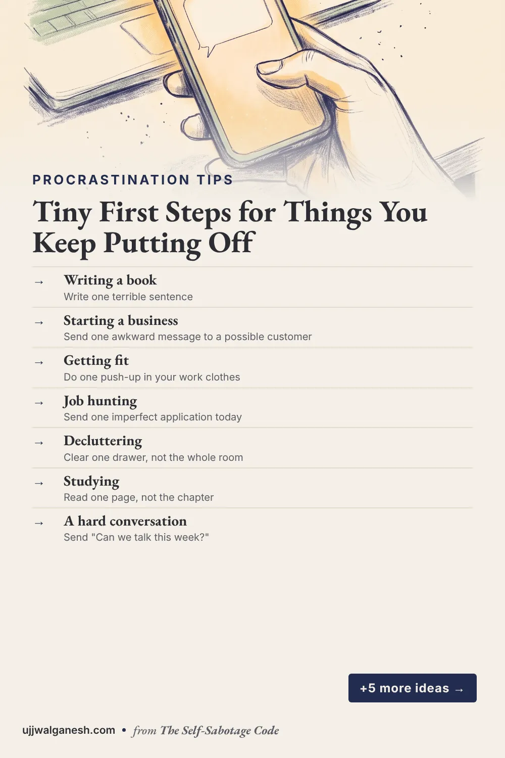 Pin listing tiny first steps for writing, business, fitness, job hunting, decluttering, studying and hard conversations, under an illustration of a hand holding a phone.