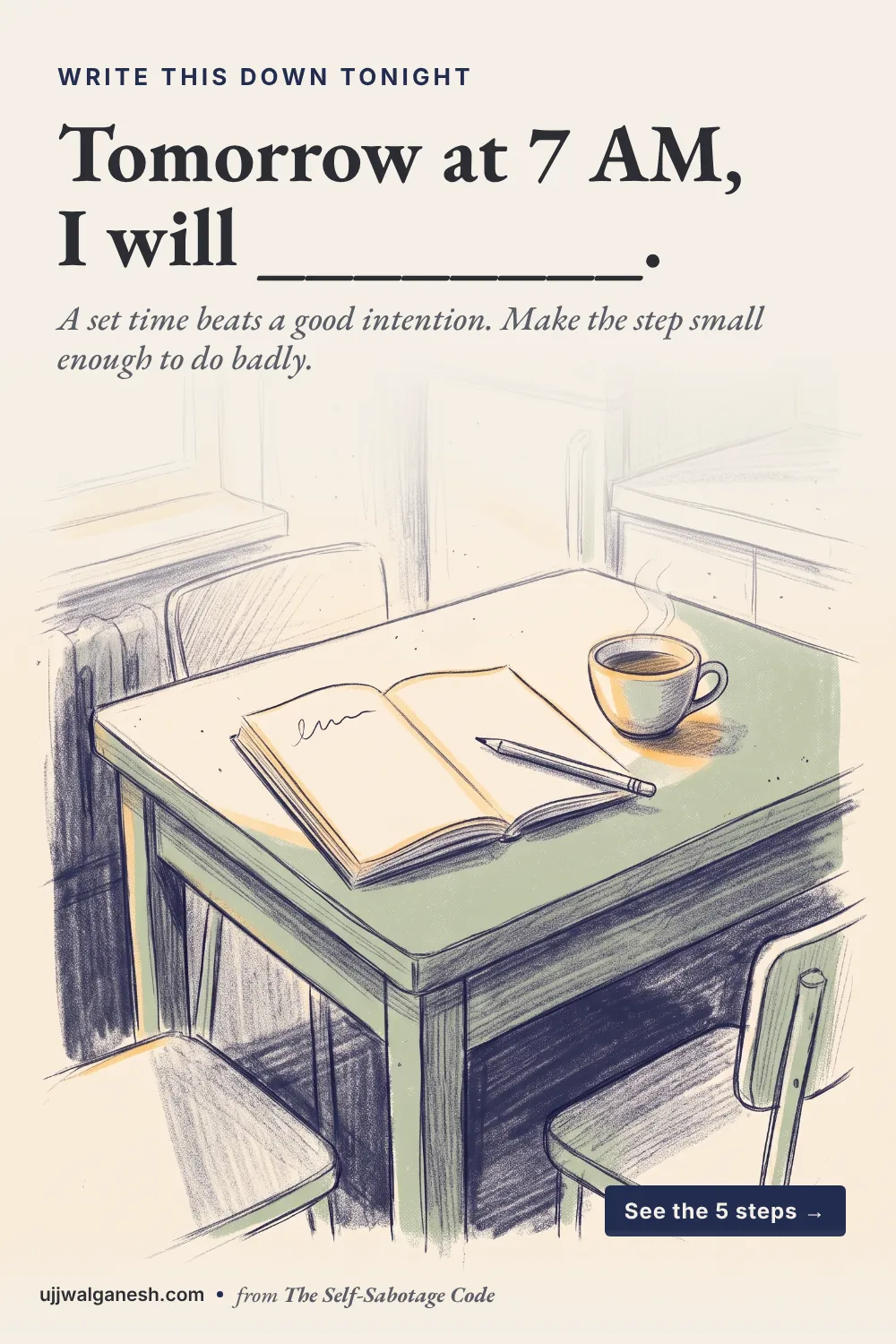 Illustration of an open notebook with one scribbled line, a pencil and a cup of coffee on a kitchen table, with the fill-in line Tomorrow at 7 AM, I will.