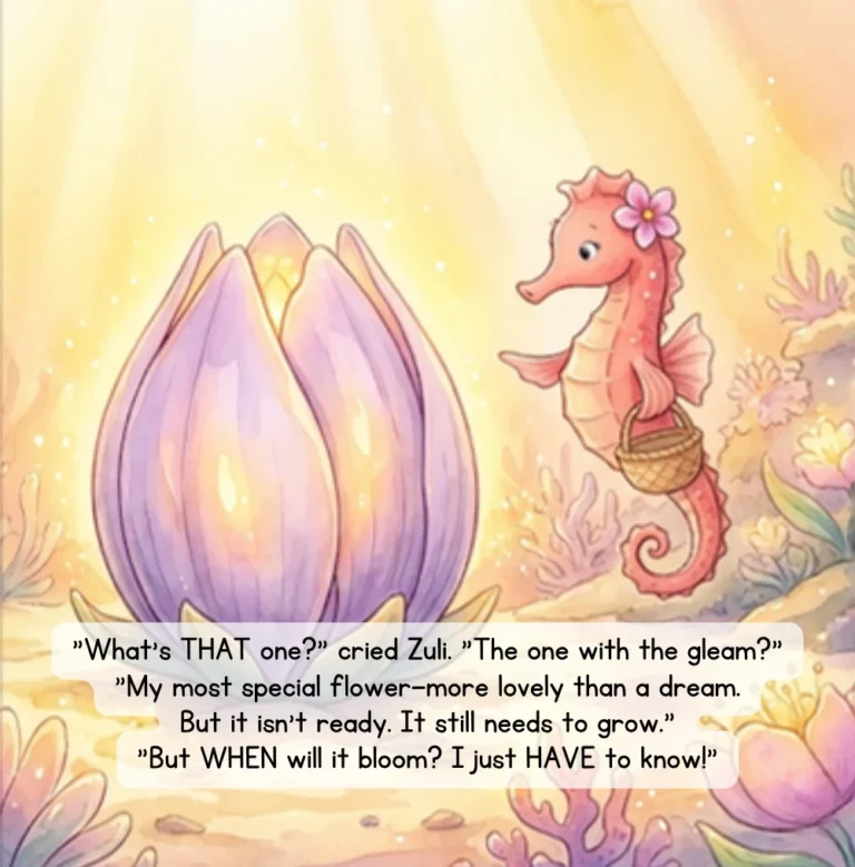 Page from Wait & Bloom: Zuli and Coral the seahorse find a glowing flower bud