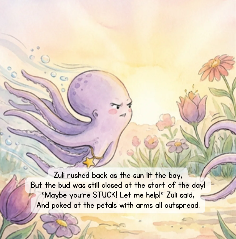 Page from Wait & Bloom: Zuli pokes at the flower bud, impatient for it to open