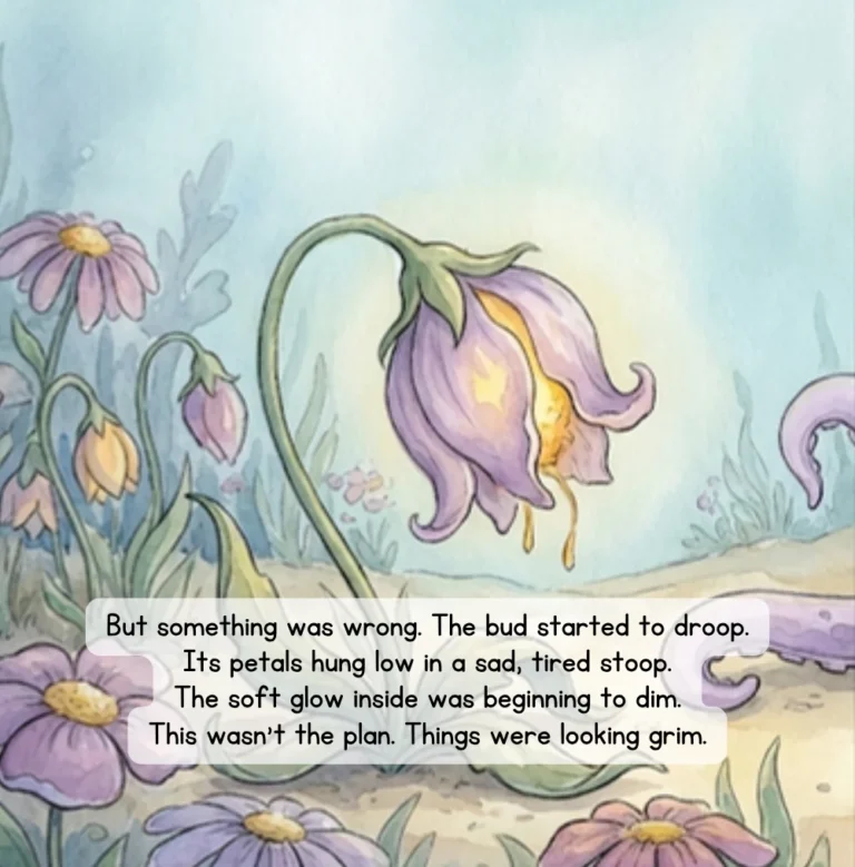 Page from Wait & Bloom: the flower bud starts to droop