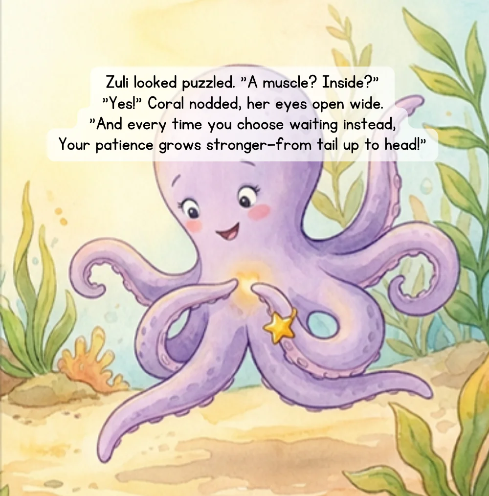 Page from Wait & Bloom: Coral explains that patience is a muscle that grows
