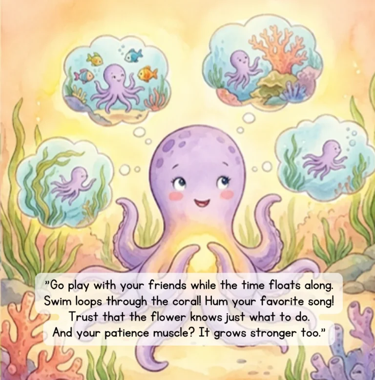 Page from Wait & Bloom: Zuli plays with friends while the flower grows