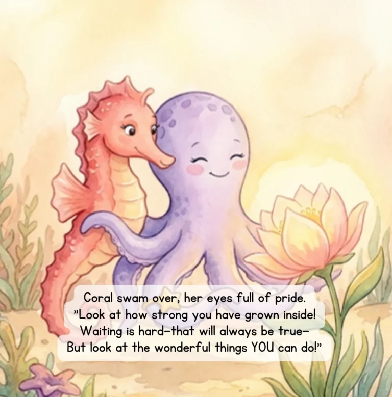 Page from Wait & Bloom: Coral hugs Zuli next to the bloomed flower