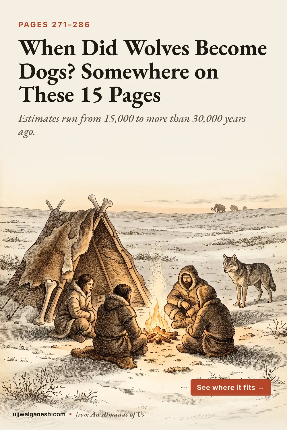 Engraving of Ice Age hunters in furs around a fire beside a hide tent on a snowy steppe, with a grey wolf watching them from the edge of the firelight.