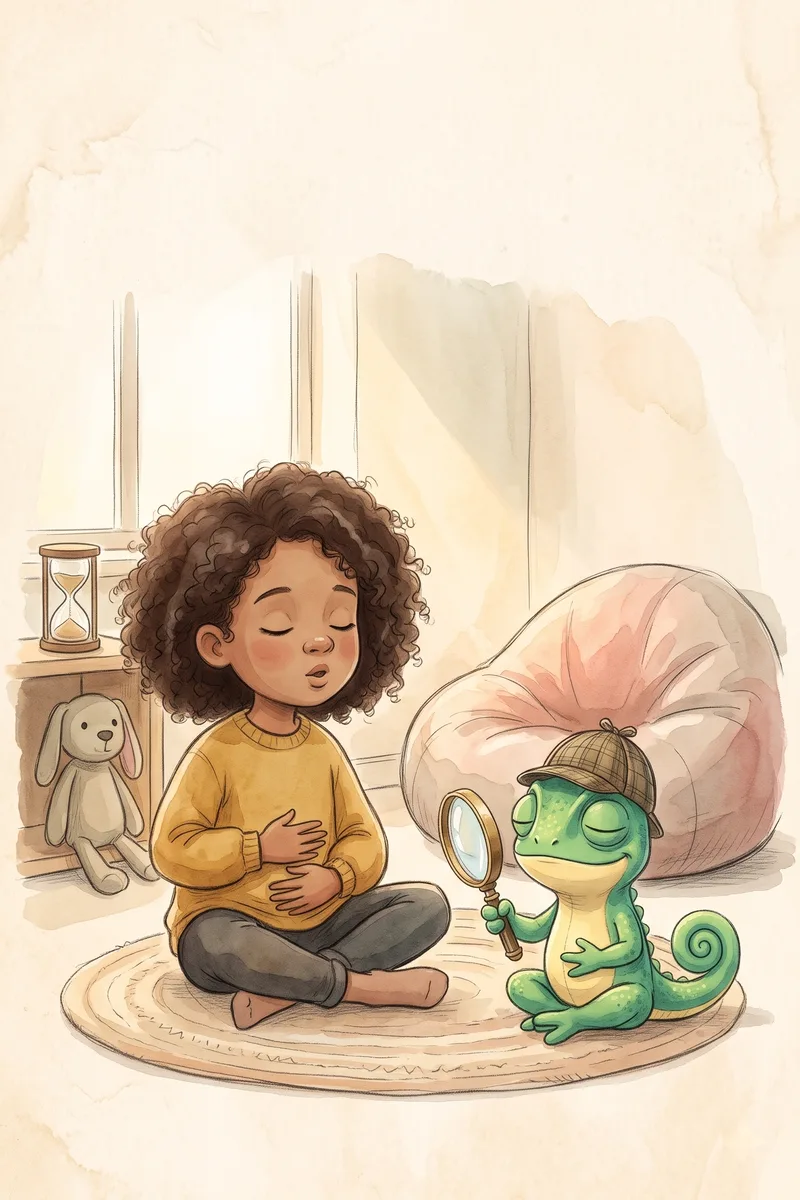 Storybook illustration of a girl and Leo the chameleon breathing slowly with hands on their tummies in a cosy calm-down corner