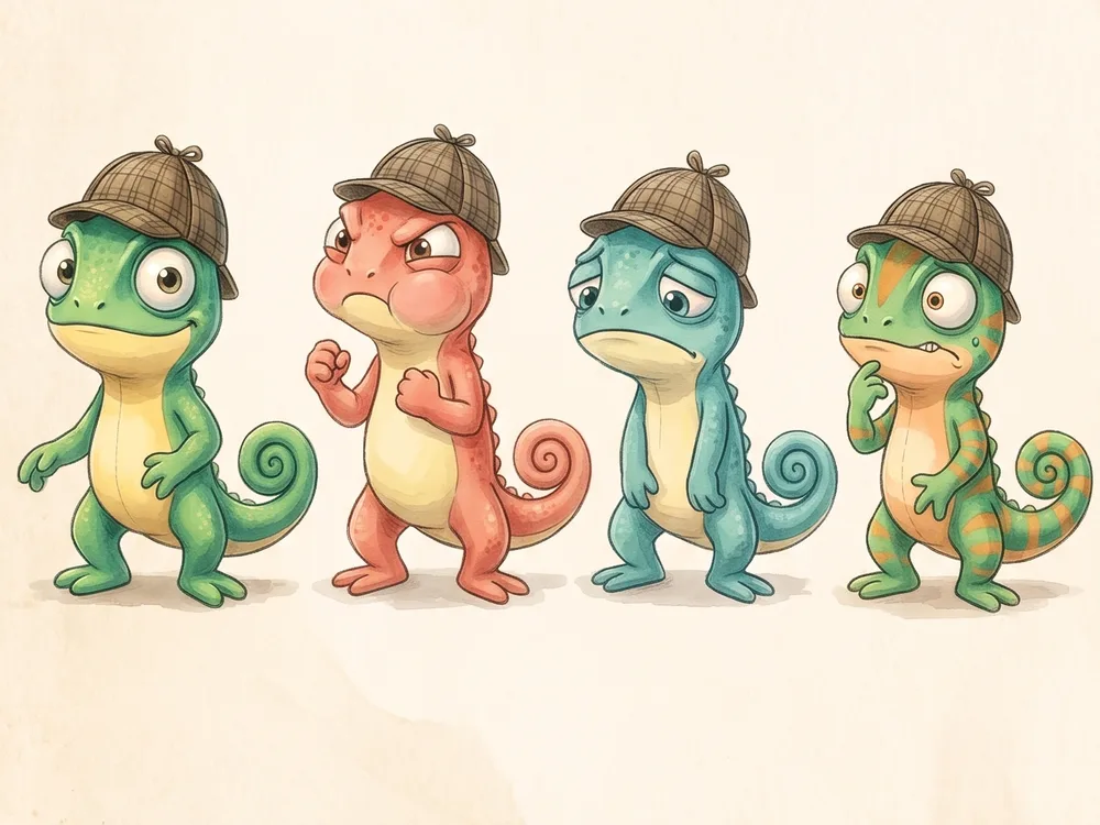 Leo the chameleon in four colours: green for calm, red for angry, blue for sad and stripes for confused